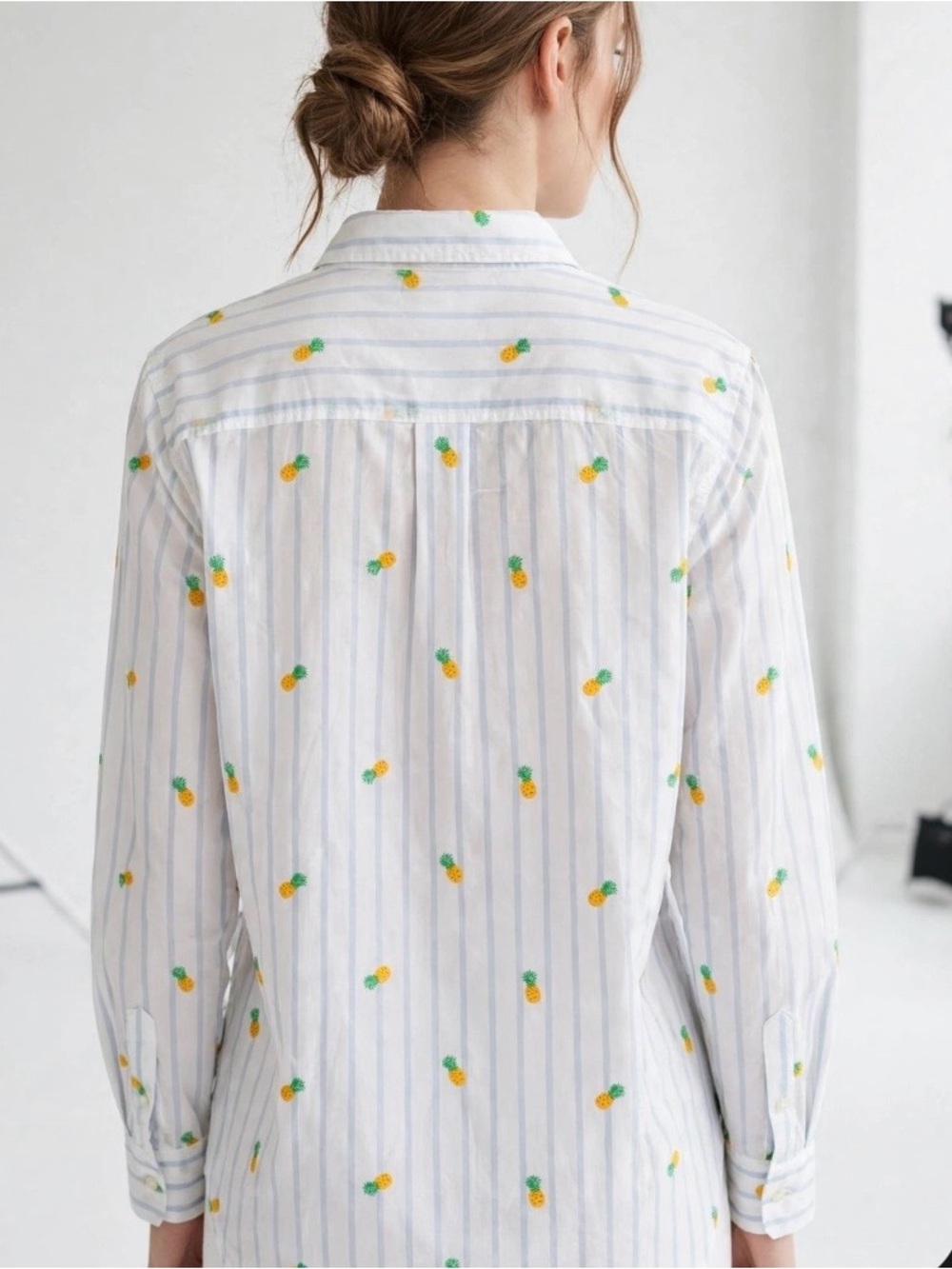 Gap Factory White Stripe Button-down Shirt w/Yellow Pineapple Print boyfriend - Picture 2 of 2